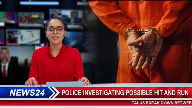 Split Screen TV News Live Report: Anchorwoman Talks. Reportage Montage with Photo of Handcuffed Criminal Convict at a Law and Justice Court Trial. Prison Sentence to Serve Jail Time. Alpha Channel