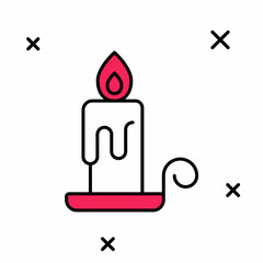 Filled outline Burning candle in candlestick icon isolated on white background. Cylindrical candle stick with burning flame. Vector
