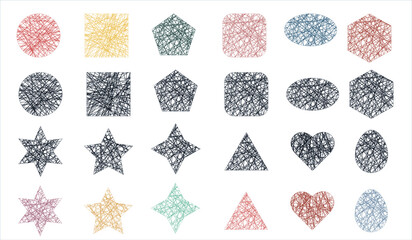 Art- geometric shapes along with the contour. Weaving threads inside the form. Decorative ball, square, circle, triangle, stars, heart, egg. Large vector set of decor. All elements are isolated.