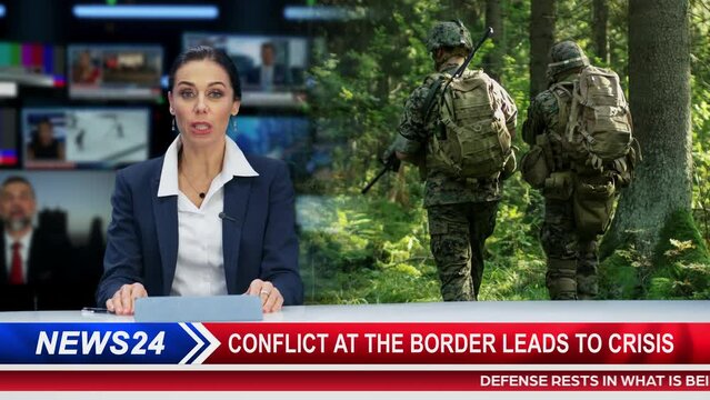 Split Screen TV News Live Report: Anchorwoman Talks. Reportage Montage with Appearing Photo of Squad of Fully Equipped, Armed Soldiers Being Attacked and Bombed During Combat. Brave Soldiers Fighting