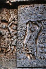 Sculptures on the outer walls of Hoysaleswara Temple at Halebidu, the former capital of the Hoysala, Karnataka.