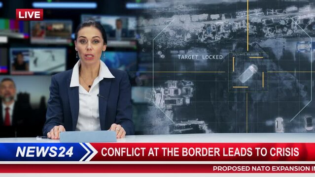 Split Screen Montage TV News Live Report: Anchorwoman Talks about Story Segment with Photo Showing Top Down Satellite Surveillance of War Crimes Commited. Television Program Cable Channel Playback