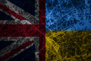 British and Ukrainian flags symbolising political connection. Concept of relationship, dialog, travelling between two european countries. Peaceful global concept. Marble texture
