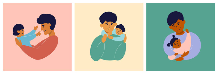 Isolated vector illustrations of family with one child or parent. Single father holding kid in hands with care and love. Man with baby girl daughter or son. Happy fathers day card. Dad and children