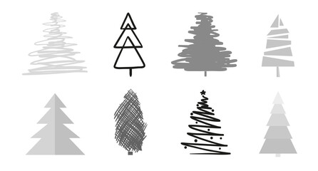 Christmas trees on white. Set for design on isolated background. Geometric art. Objects for polygraphy, posters, t-shirts and textiles. Black and white illustration