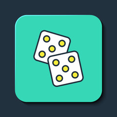 Filled outline Game dice icon isolated on blue background. Casino gambling. Turquoise square button. Vector