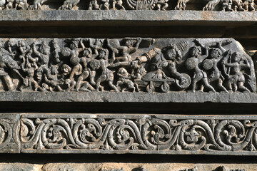 Sculptures on the outer walls of Hoysaleswara Temple at Halebidu, the former capital of the Hoysala, Karnataka.