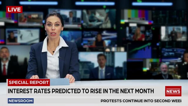 TV Live News Program with Professional Female Presenter Reporting. Television Cable Channel Anchorwoman Talks. Mockup Network Broadcasting Playback in Newsroom Studio. Medium Shot