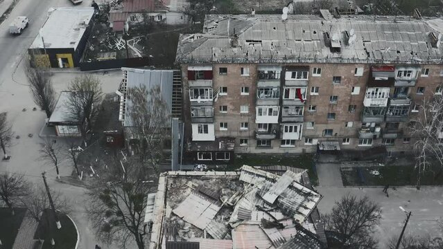 The war in Ukraine, a view from the drone of the damaged city and the destroyed roofs of high-rise buildings, Borodyanka, aerial photography