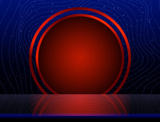 Vector empty blue neon shine table or room wave wall background with red round banner for design