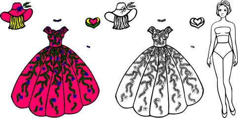 Sketch of summer dress with leaves and flowers. Dress for a painted doll, coloring book for children. Fashion clothes, wig, clutch, hat, necklace, bracelet