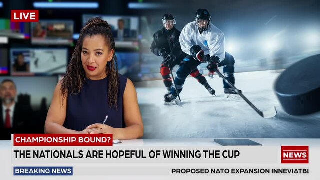 Split Screen TV News Live Report: Anchorwoman Talks. Reportage Montage: Photo of Photo with Ice-Hockey Game Championship Match, Players Play. Television Program Channel Playback. Luma Matte 