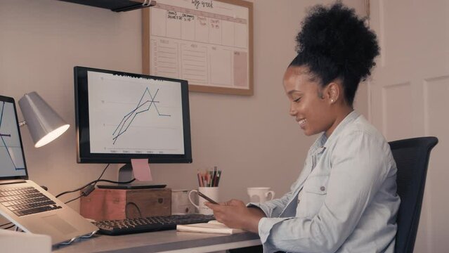 4k video footage of an attractive businesswoman using her phone while working in her home office