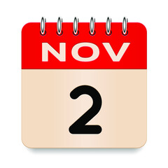 2 day of the month. November. Flip old formal calendar. 3d daily icon. Date. Week Sunday, Monday, Tuesday, Wednesday, Thursday, Friday, Saturday. Cut paper. White background. Vector illustration.