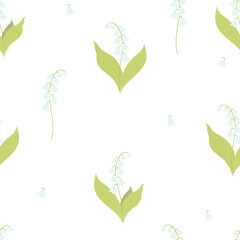 Seamless pattern with Beautiful May lilies of the valley on a white background. Vector illustration. Spring pattern with forest flower for design, packaging, decor and decoration, print