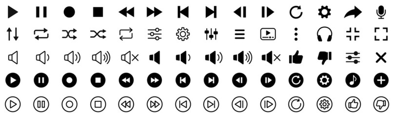 Media player icons. Media player interface symbols - play, pause, volume, settings, stop. Video player icons. Audio player. Vector