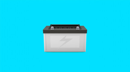 3D rendering, Realistic car battery mock up, front side view, isolated on blue background.