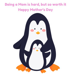 Happy mother's day greeting card with cute penguin family, mother and child. Perfect for greeting cards and posters.