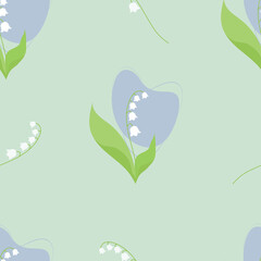 Seamless pattern with beautiful May lily of the valley on light blue background. Vector illustration. Spring pattern with forest flower for design, packaging, decor and decoration, print