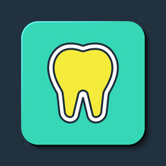 Filled outline Tooth icon isolated on blue background. Tooth symbol for dentistry clinic or dentist medical center and toothpaste package. Turquoise square button. Vector