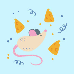 Cute childish illustration with white mouse. Vector hand-drawn illustration. Great for kids clothing design, posters, wrapping paper, wallpaper.
