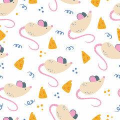 Mouses with cheese. Vector. Cartoon style. Seamless Pattern