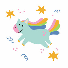 Cute childish illustration with pony and stars. Vector hand-drawn illustration. Great for kids clothing design, posters, wrapping paper, wallpaper.