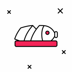 Filled outline Fish with sliced pieces with knife icon isolated on white background. Vector
