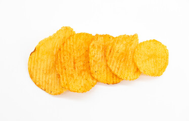heap of potato crisps on white background