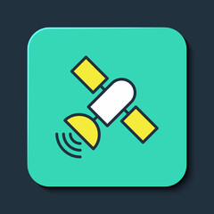 Filled outline Satellite icon isolated on blue background. Turquoise square button. Vector