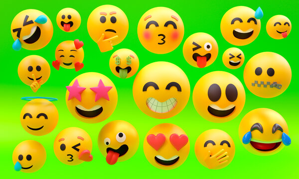 3d illustration, several emoticons showing their faces different expressions, joy, love, meditation, anger, 3d rendering