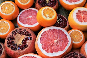 Store of vitamins, pomegranate, orange, grapefruit. Great natural juice. Selected focus.