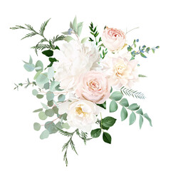 Obraz na płótnie Canvas Pale pink and dusty rose, ivory white peony, beige dahlia, nude pink ranunculus, eucalyptus vector design bouquet.