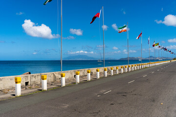 The new seawall at Charlestown, Nevis. Saint Kitts in the background, across the channel known as...