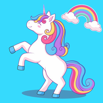 Cute unicorn with rainbow. Vector design isolated on blue background. Hand drawn romantic illustration for children	