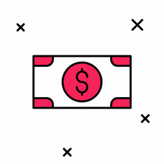 Filled outline Stacks paper money cash icon isolated on white background. Money banknotes stacks. Bill currency. Vector
