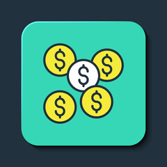 Filled outline Dollar symbol icon isolated on blue background. Cash and money, wealth, payment symbol. Casino gambling. Turquoise square button. Vector