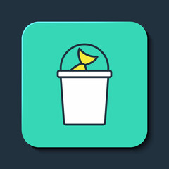 Filled outline Fishing bucket with fish icon isolated on blue background. Fish in a bucket. Turquoise square button. Vector