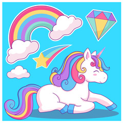 Cute magic unicorn and rainbow. Vector design isolated on blue background. Hand drawn romantic illustration for children	