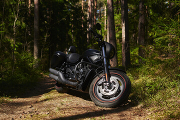 a beautiful modern black motorcycle for travel stands on a forest road in the sun