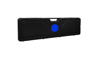 Black plastic case with foam inside. Weapon case isolate on white back.