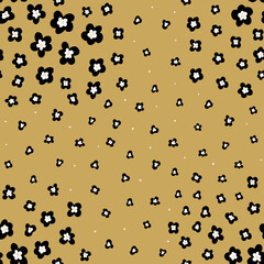 Vector seamless pattern background with ditsy hand drawn flowers on golden yellow background