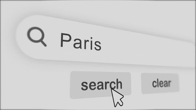 paris typing on Search Bar with click Animation.vintage monitor screen. Searching the word on internet search browser.