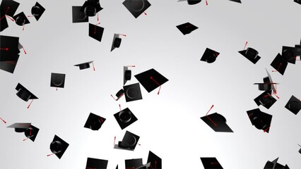 3D 4K animation of a graduation hats in the air sky background. University completion and diploma awarded ceremony. social distancing. Students. Leaving school, college, certificate.