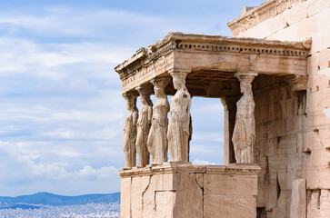 Detail of Caryatid Porch on the Acropolis in Athens, Greece. Ancient Erechtheion or Erechtheum...