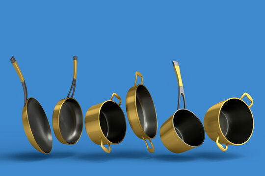 Set of flying stewpot, frying pan and chrome plated cookware on blue background