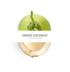 Creative layout made of young coconut on the white background. Flat lay. Food concept. Macro ...
