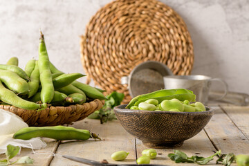 Fresh and raw green broad beans