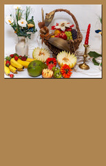 Composition with various fruits. Apple, banana, avocado, melon, papaya, kiwi, strawberry, guava and grapes. Detox diet. Space in beige color for advertising. Beige background