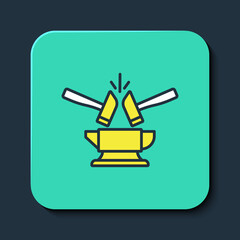 Filled outline Blacksmith anvil tool and hammer icon isolated on blue background. Metal forging. Forge tool. Turquoise square button. Vector